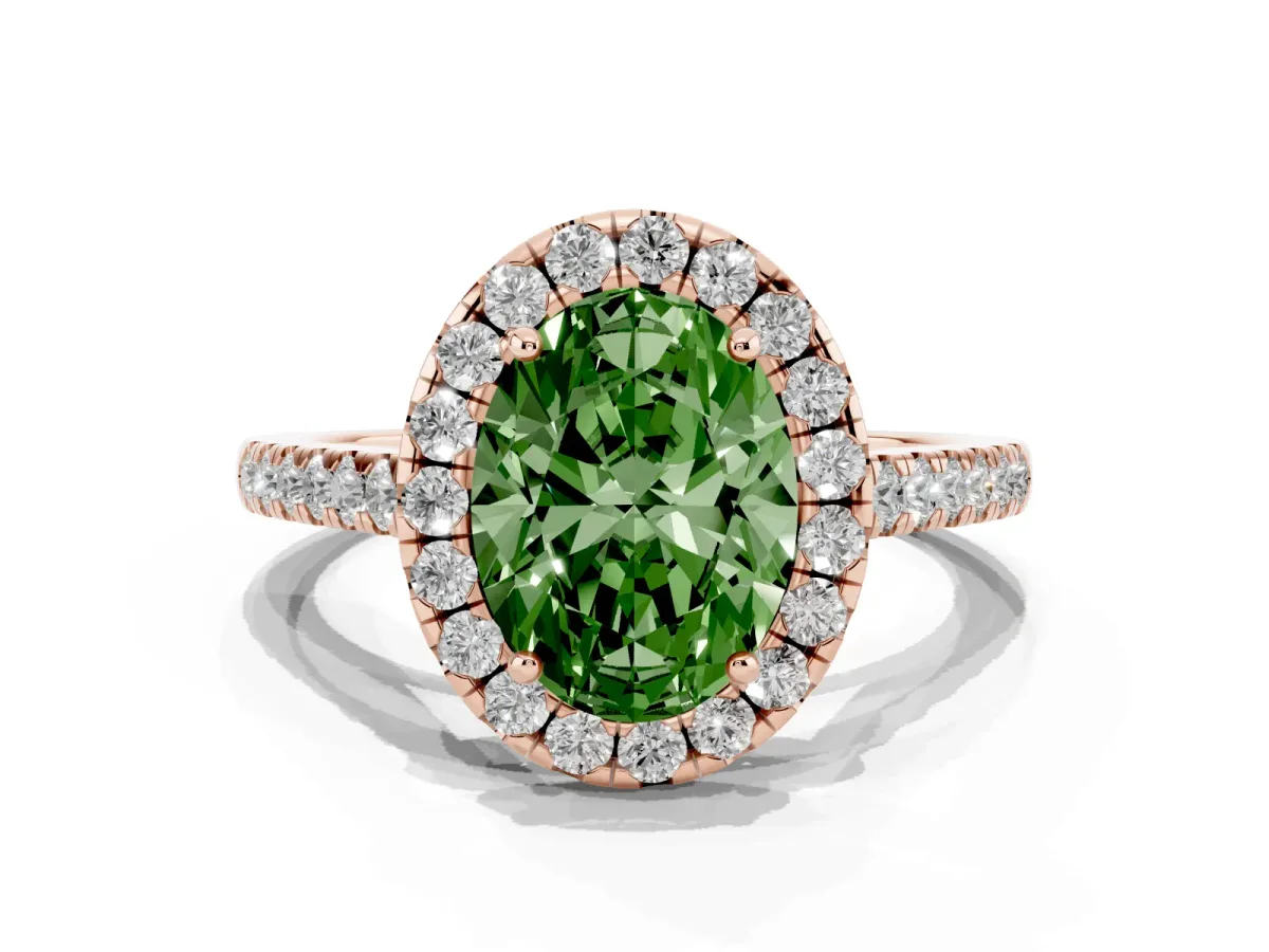 Fancy Green Oval Cut Halo Pave Diamond Engagement Ring with Four-Prong Setting Rose gold