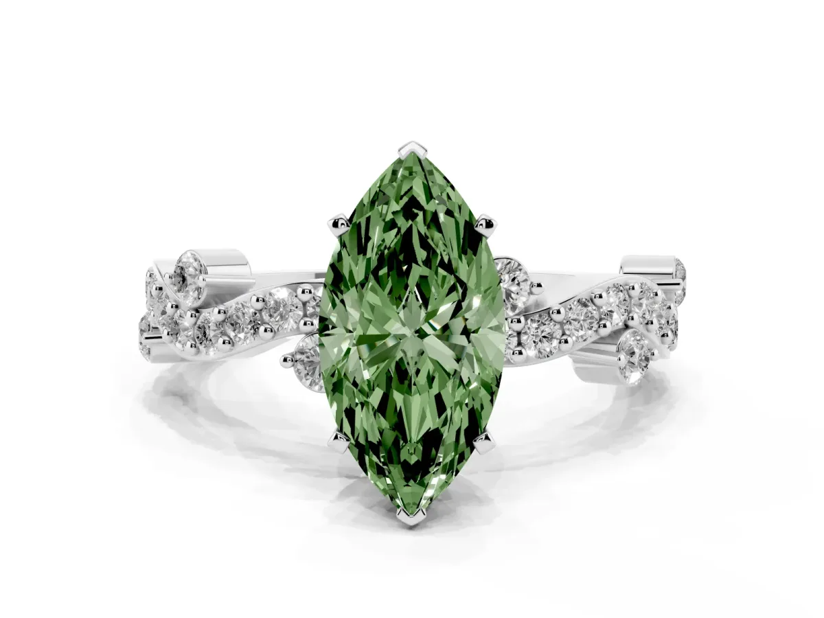 Fancy Green Marquise Cut Cut Solitaire Diamond Twisted Band with Pave Setting Silver