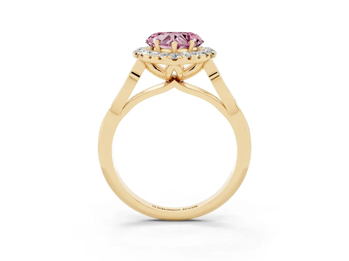 Fancy Pink Heart Cut Halo Diamond Engagement Ring with Filigree Band and Four-Prong Setting Yellow gold