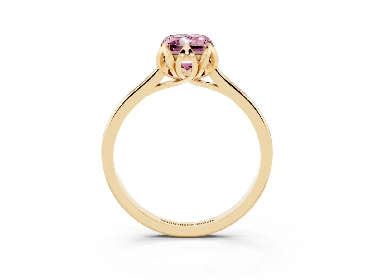 Fancy Pink Emerald Cut Diamond Solitaire Ring with Flower Prong Setting and Classic Band Yellow gold