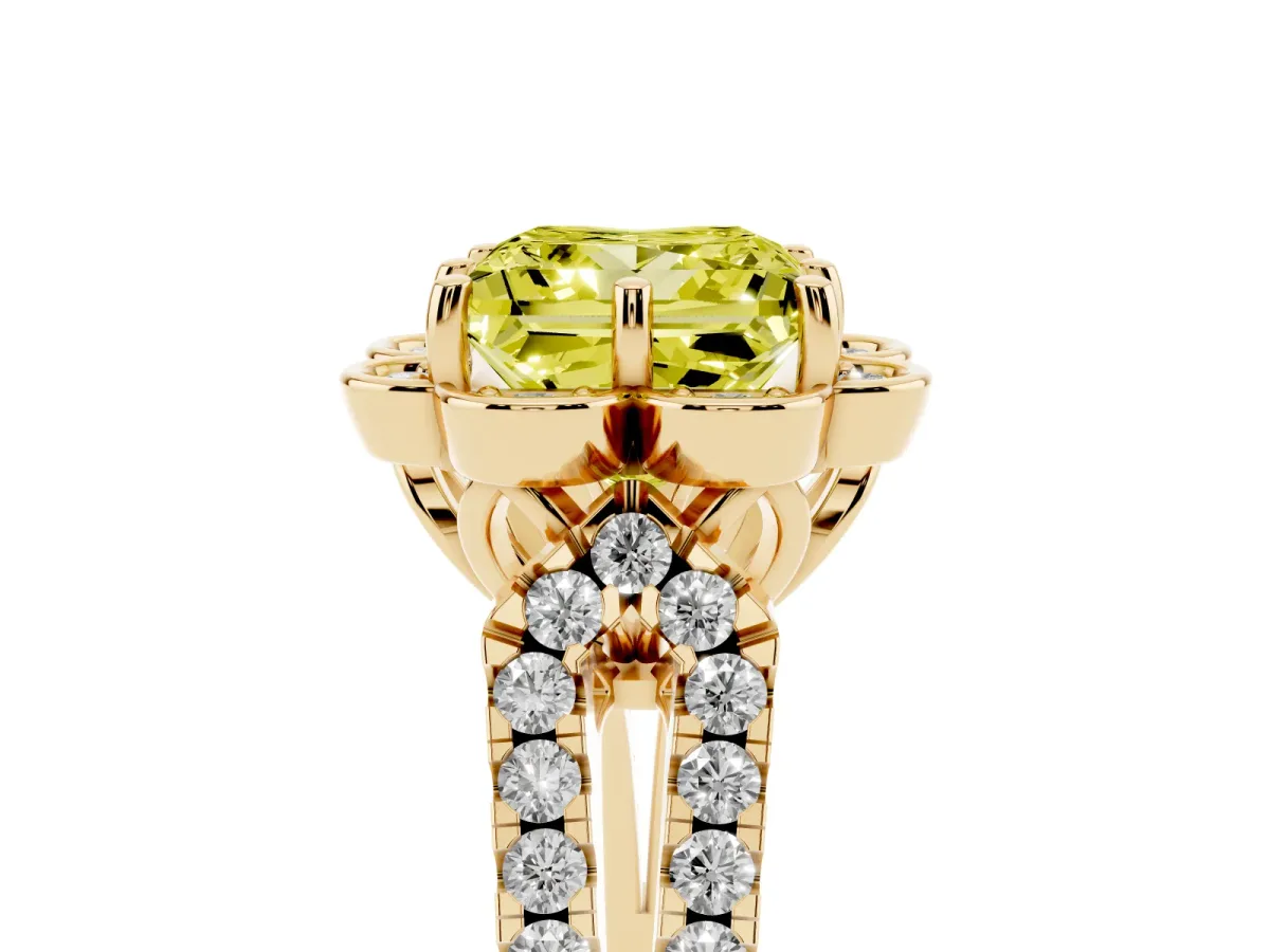 Fancy Yellow Princess Cut Halo Diamond Floral Split Shank Engagement Ring Yellow gold