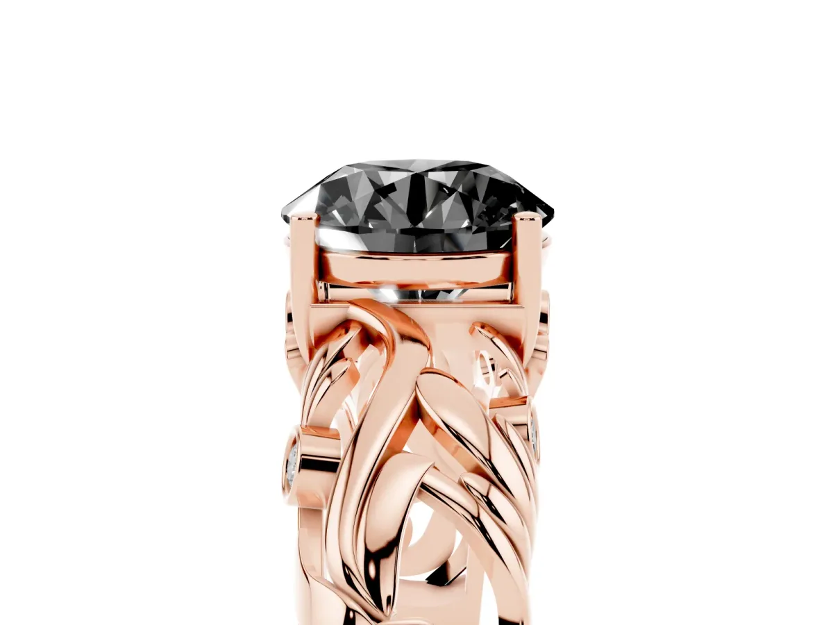 Fancy Black Round Cut Solitaire Diamond Leaf-Inspired Vine Band Ring with Prong Setting Rose gold