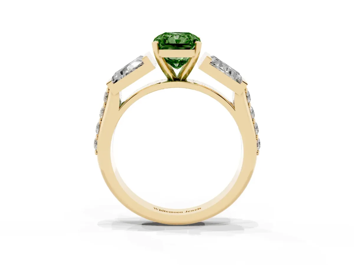 Fancy Green Radiant Cut Diamond Engagement Ring with Baguette Side Stones and Channel Set Band Yellow gold