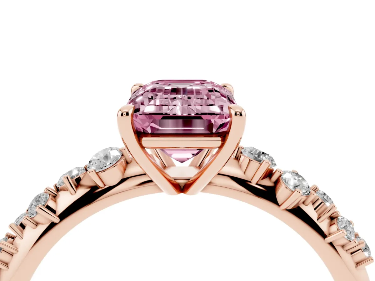 Fancy Pink Emerald Cut Diamond Cluster Side Stone Solitaire Ring with Prong Setting Rose gold