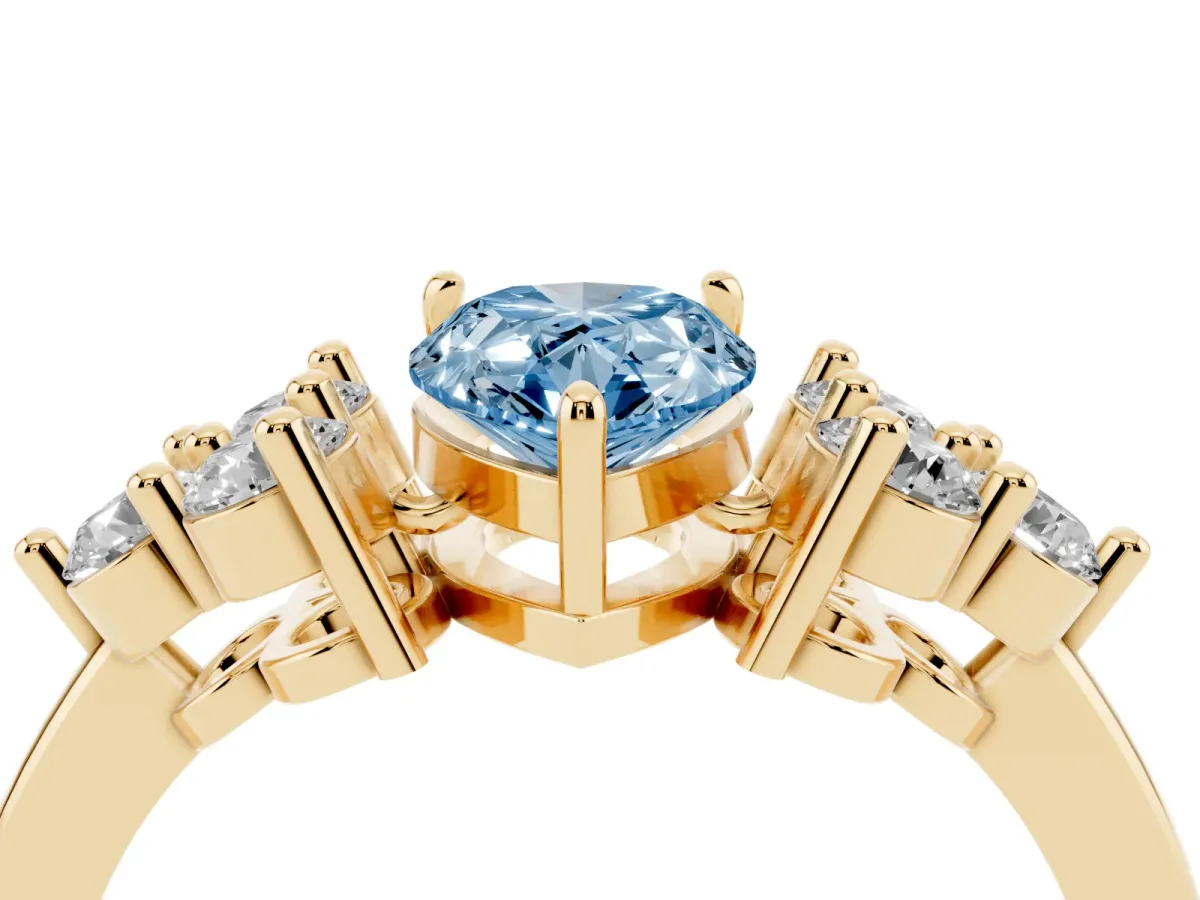 Fancy Blue Pear Cut Brilliant Diamond Cluster Accent Solitaire Ring with Prong Setting Yellow gold