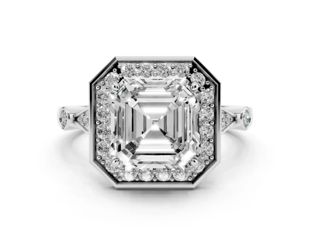 Asscher Cut Halo Diamond Engagement Ring with Twisted Band and Four-Prong Setting White gold