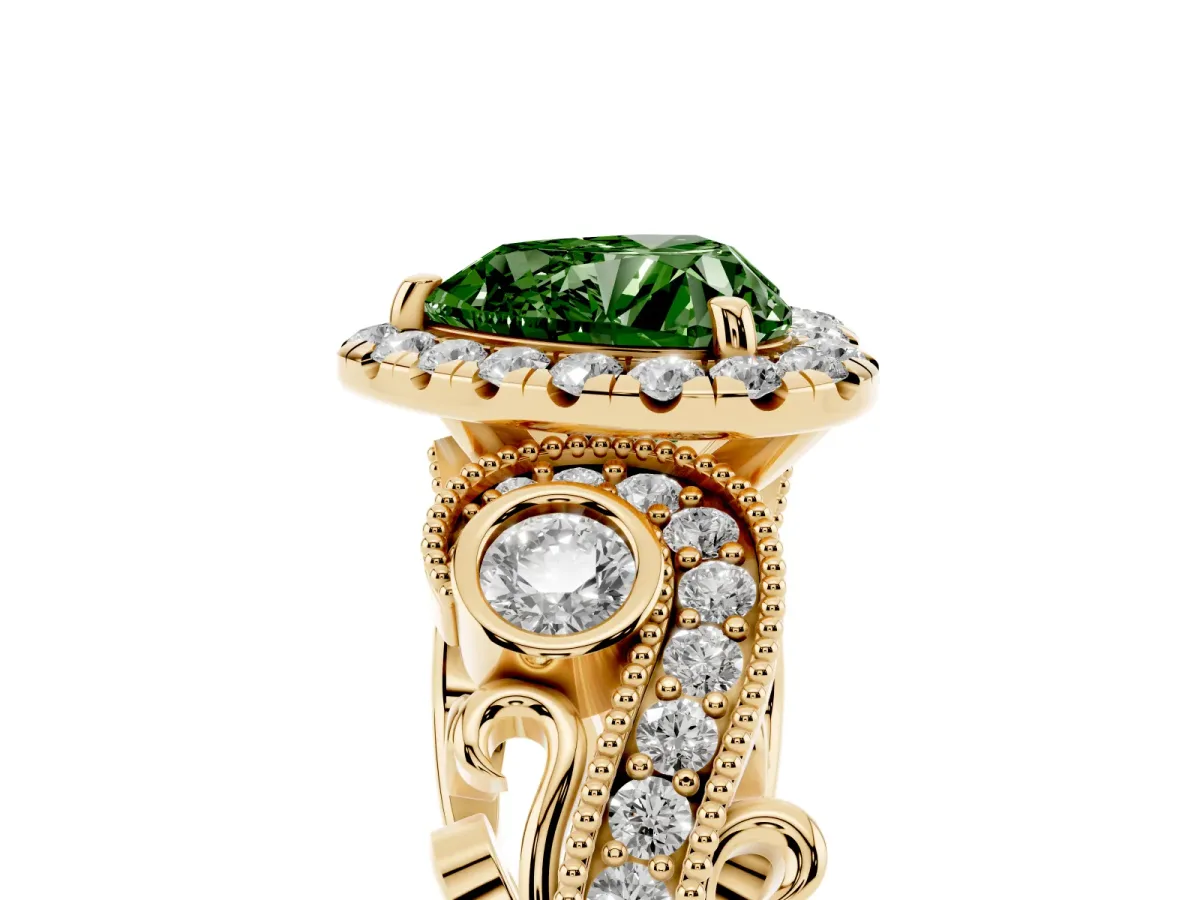 Fancy Green Heart Cut Halo Diamond Ring with Milgrain and Bezel Accents on a Split Shank Band Yellow gold
