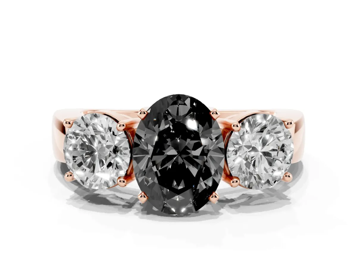 Fancy Black Three-Stone Oval Cut Diamond Ring with Round Side Stones, Classic Band, and Four-Prong Setting Rose gold