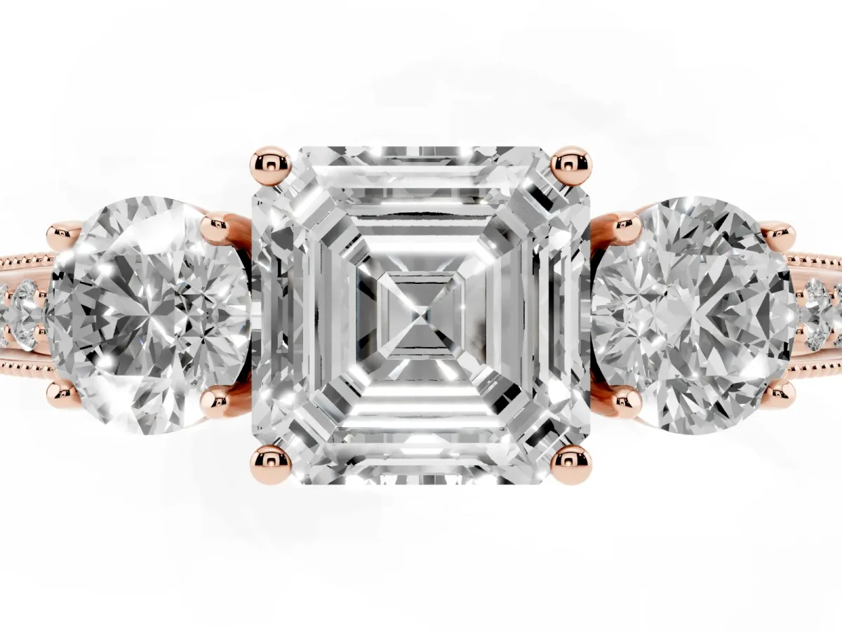 Asscher Cut Three-Stone Diamond Ring with Pavé Band and Four-Prong Setting Rose gold
