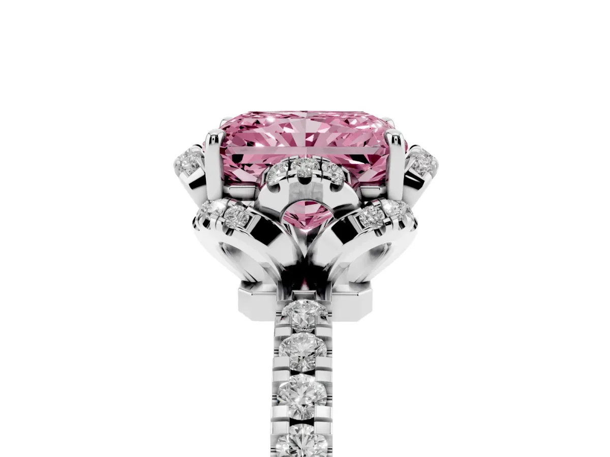 Fancy Pink Radiant Cut Diamond Halo Pave Band with Four-Prong Setting White gold