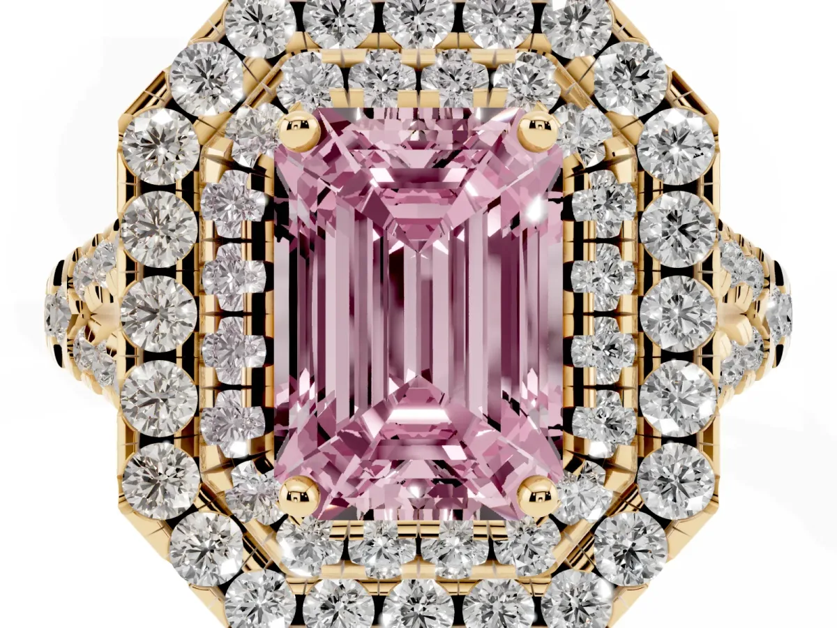 Fancy Pink Double Halo Emerald Cut Diamond Pavé Split Shank Ring with Prong Setting Yellow gold