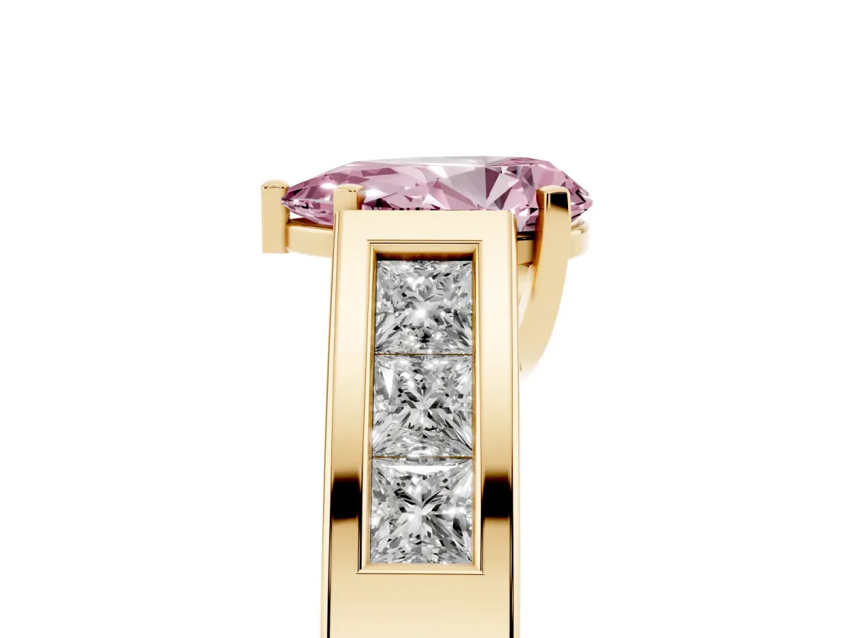 Fancy Pink Pear Cut Cut Channel Set Solitaire Ring with Four-Prong Setting Yellow gold