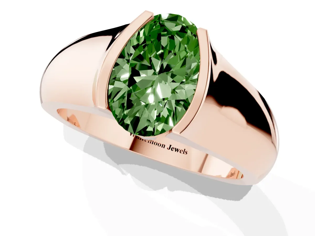 Fancy Green Oval Cut Solitaire Bezel Set Diamond Ring with Wide Band Rose gold