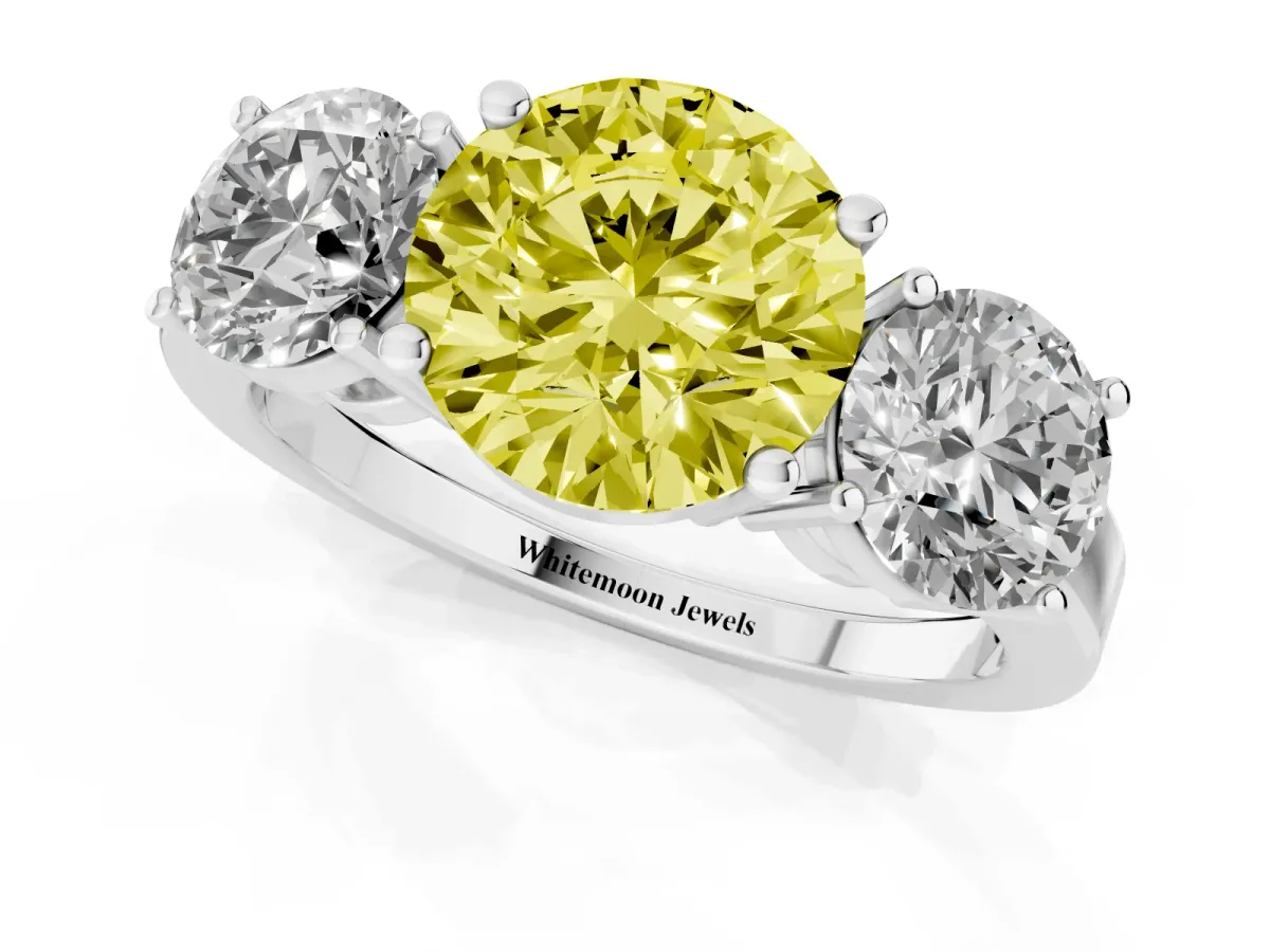 Fancy Yellow Three-Stone Round Cut Cut Diamond Engagement Ring with Flat Band and Four-Prong Setting Silver