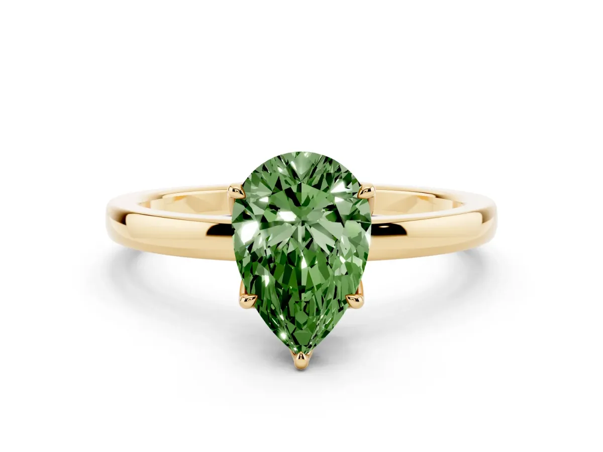Fancy Green Pear Cut Diamond Solitaire Ring with Thin Band and Prong Setting Yellow gold