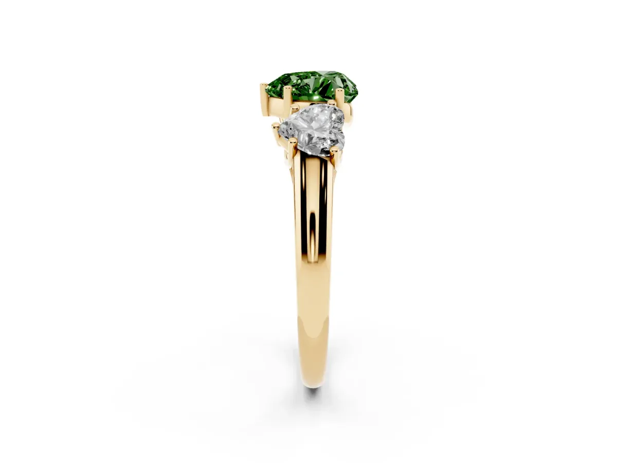 Fancy Green Three-Stone Heart Cut Diamond Engagement Ring with Prong Setting Yellow gold