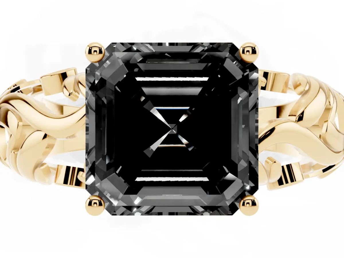 Fancy Black Asscher Cut Solitaire Diamond Leaf-Inspired Vine Band Ring with Prong Setting Yellow gold