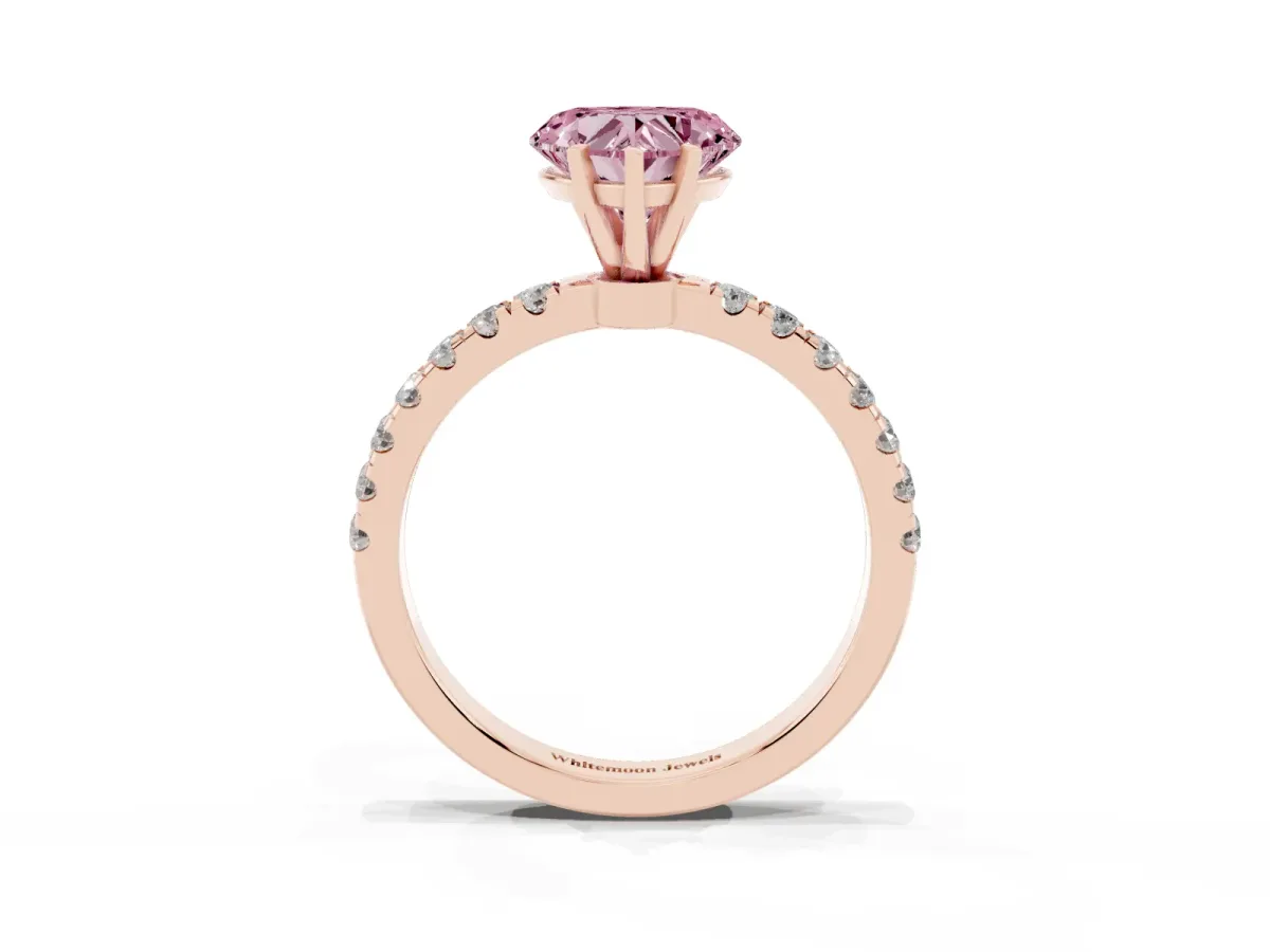 Fancy Pink Heart Cut Diamond Solitaire Ring with Pavé Accents and Four-Prong Setting Rose gold