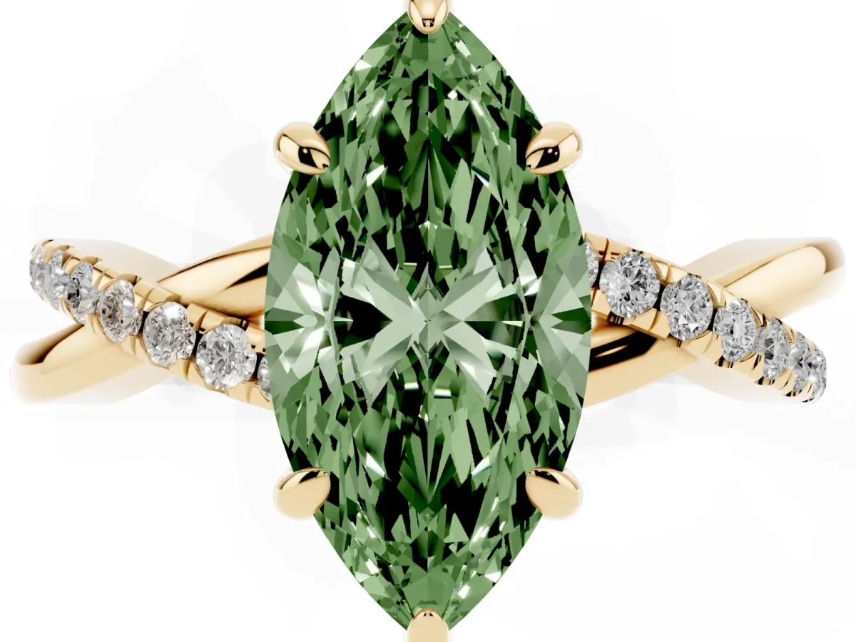 Fancy Green Marquise Cut Cut Diamond Twist Band Solitaire with Prong Setting Yellow gold