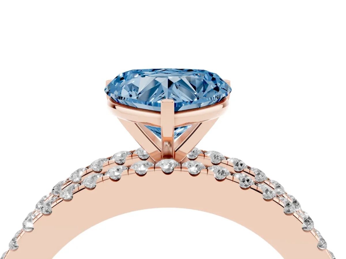 Fancy Blue Heart Cut Diamond Solitaire Ring with Pavé and Channel Set Band Rose gold