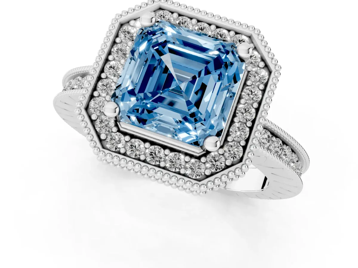 Fancy Blue Asscher Cut Diamond Milgrain Halo Engagement Ring with Round Pavé Band and Prong Setting Platinum