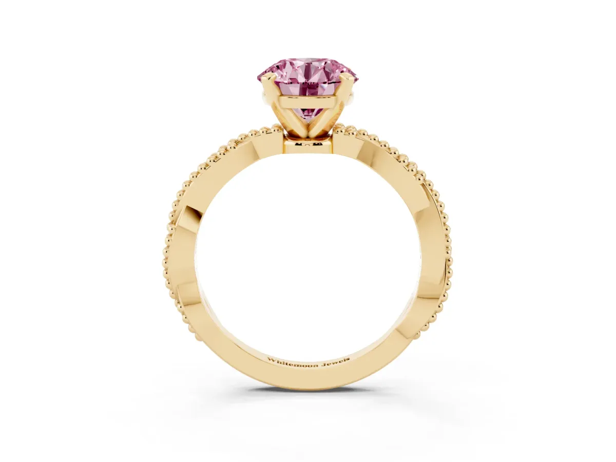 Fancy Pink Round Cut Solitaire Twisted Band with Bead Prong Setting Yellow gold