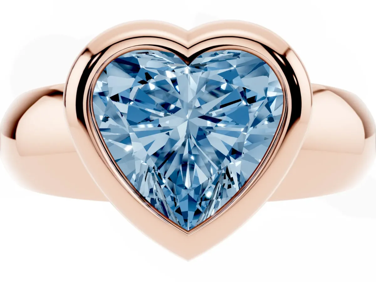 Fancy Blue Bezel Set Heart Cut Solitaire Ring with Wide Band Rose gold