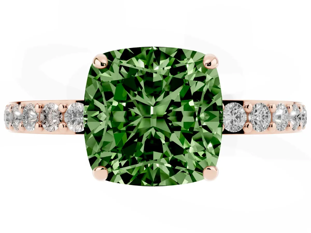 Fancy Green Cushion Cut Diamond Pavé Engagement Ring with Round Accents and Prong Setting Rose gold
