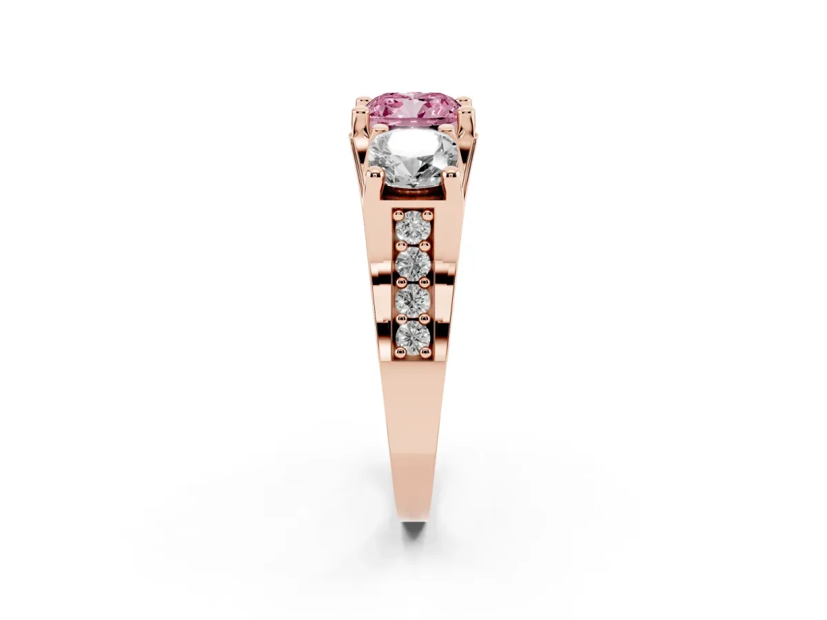 Fancy Pink Cushion Cut Diamond Three-Stone Ring with Channel Set Band and Four-Prong Setting Rose gold