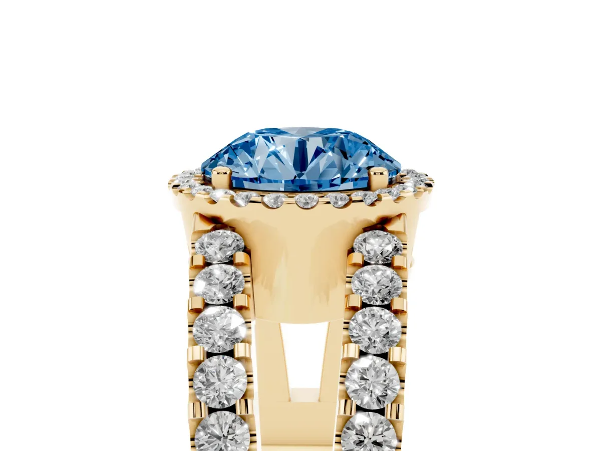 Fancy Blue Round Cut Cut Halo Split Shank Diamond Ring with Four-Prong Setting Yellow gold