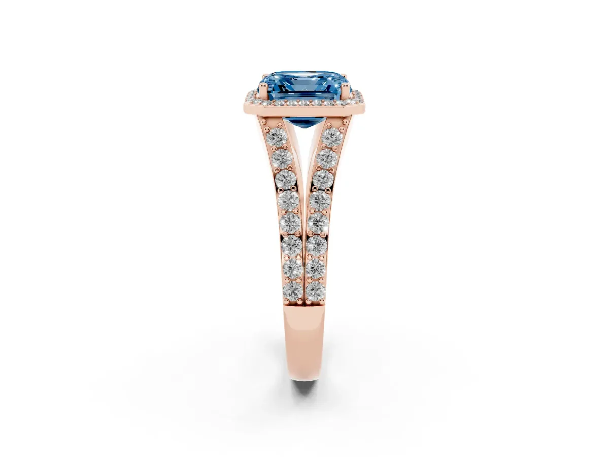 Fancy Blue Asscher Cut Diamond Split Shank Halo Ring with Four-Prong Setting Rose gold