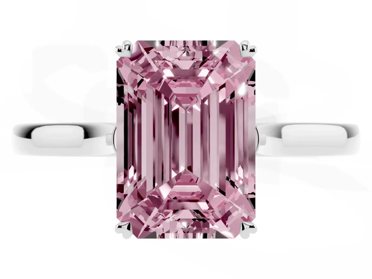 Fancy Pink Emerald Cut Solitaire Heart Prong Engagement Ring with Tapered Band White gold