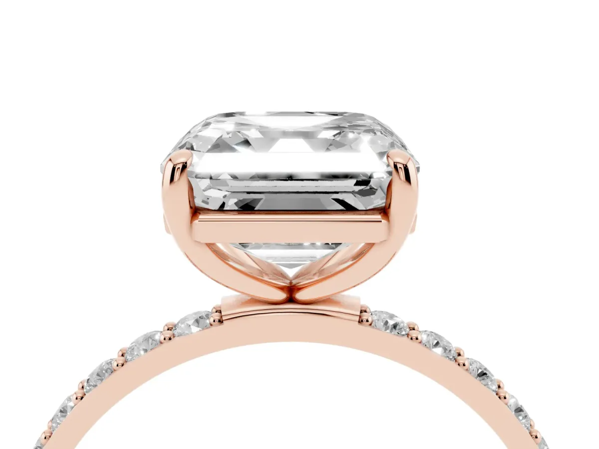 Asscher Cut Diamond Solitaire Ring with Round Pavé Band and Prong Setting Rose gold