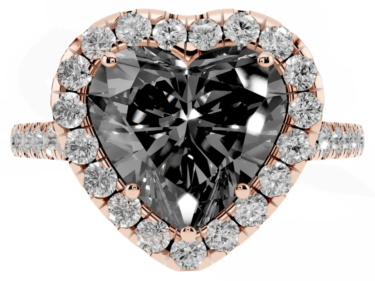 Fancy Black Heart Cut Halo Pave Diamond Engagement Ring with Four-Prong Setting Rose gold