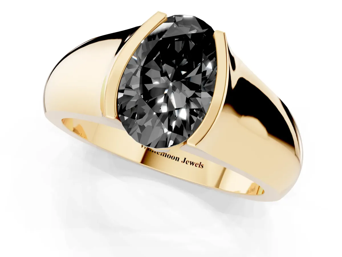 Fancy Black Oval Cut Solitaire Bezel Set Diamond Ring with Wide Band Yellow gold