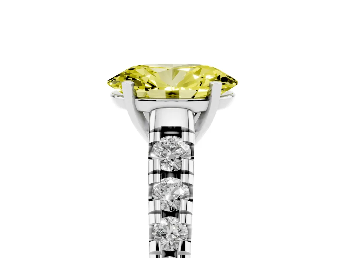 Fancy Yellow Oval Cut Diamond Cathedral Solitaire Ring with Round Pavé Band Silver