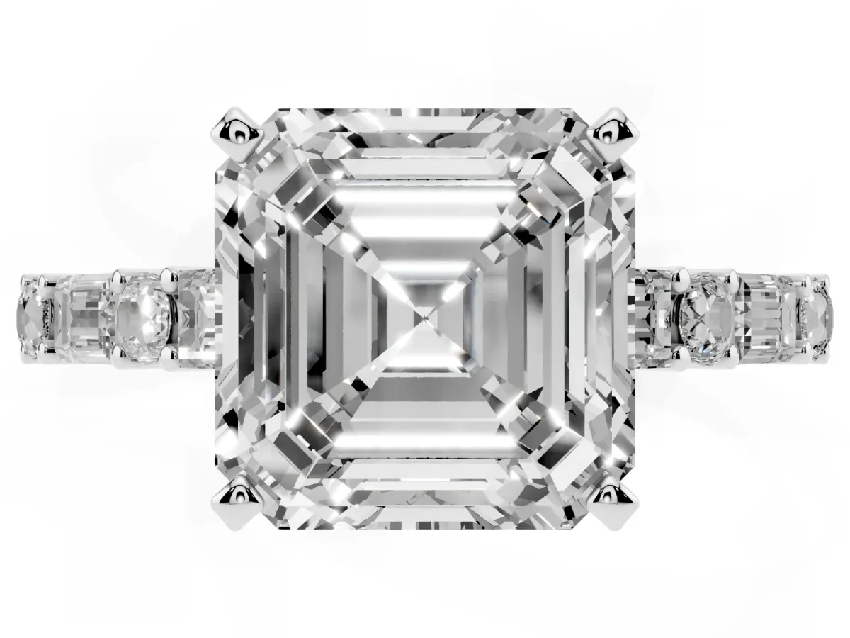 Asscher Cut Diamond Solitaire with Side Baguettes and Channel Set Band Silver