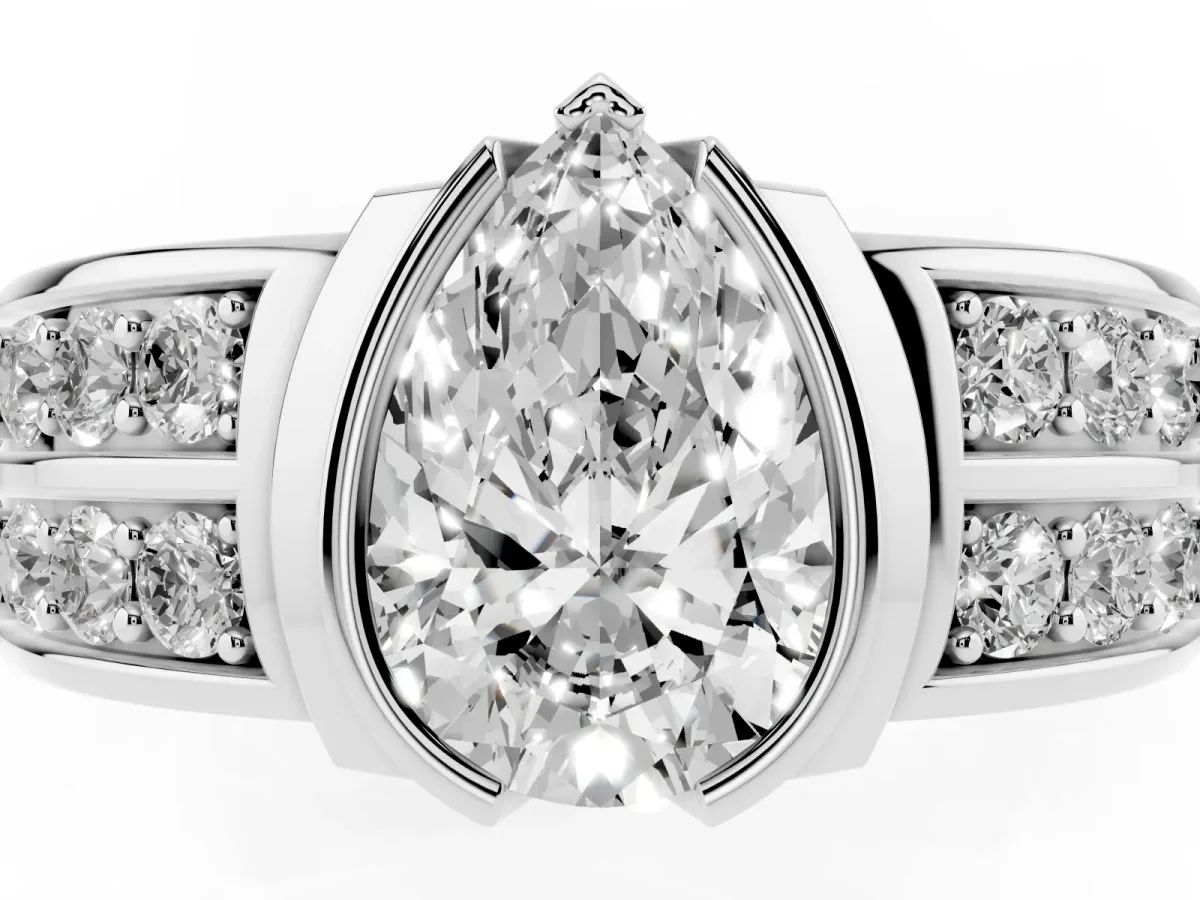 Pear Cut Brilliant Diamond Channel Set Wide Band Ring with Bezel Setting White gold