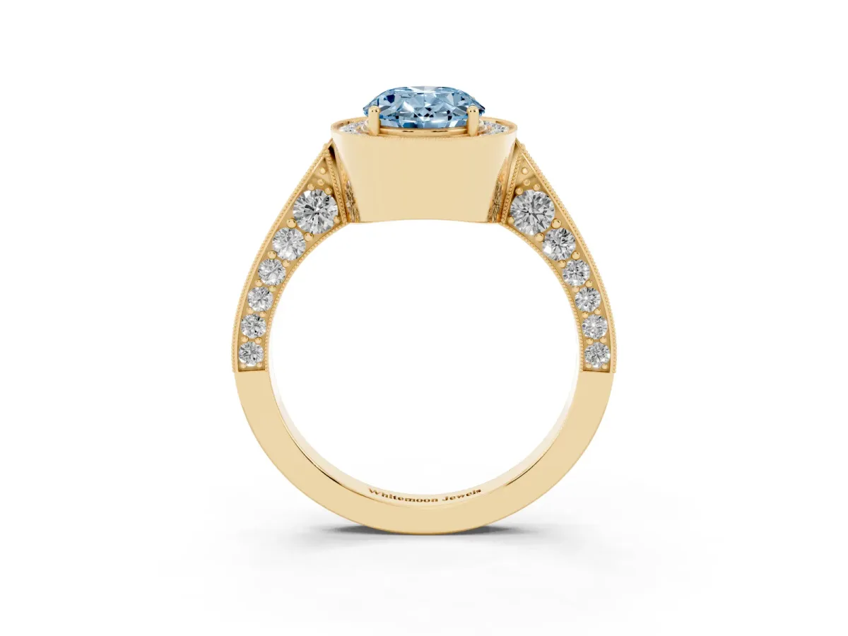 Fancy Blue Oval Cut Halo Diamond Engagement Ring with Split Shank Band and Four-Prong Setting Yellow gold