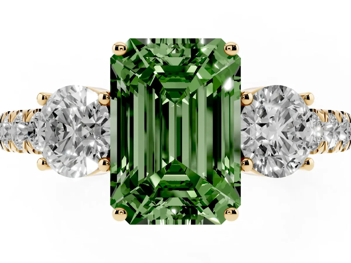 Fancy Green Emerald Cut Cut Diamond Three-Stone Ring with Round Side Stones and Pavé Band Yellow gold