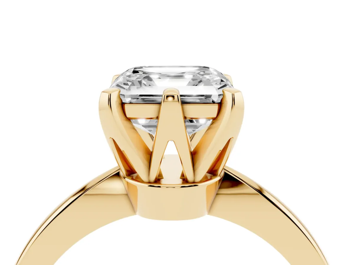 Asscher Cut Solitaire Engagement Ring with Six-Prong Setting and Tapered Band Yellow gold