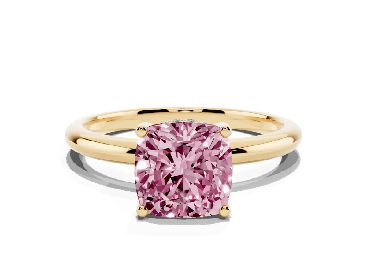 Fancy Pink Cushion Cut Cut Solitaire Engagement Ring with Four-Prong Setting and Classic Band Yellow gold