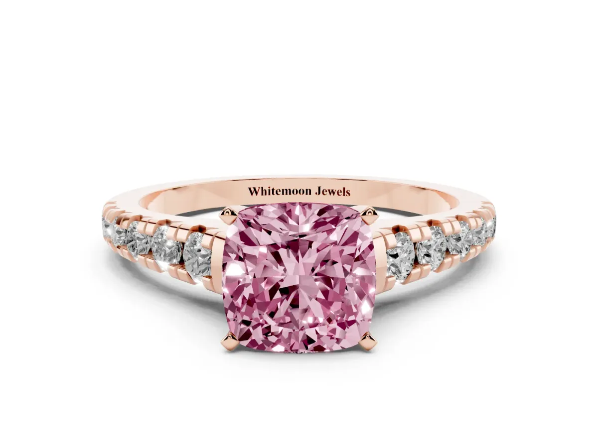 Fancy Pink Cushion Cut Diamond Cathedral Solitaire Ring with Round Pavé Band Rose gold