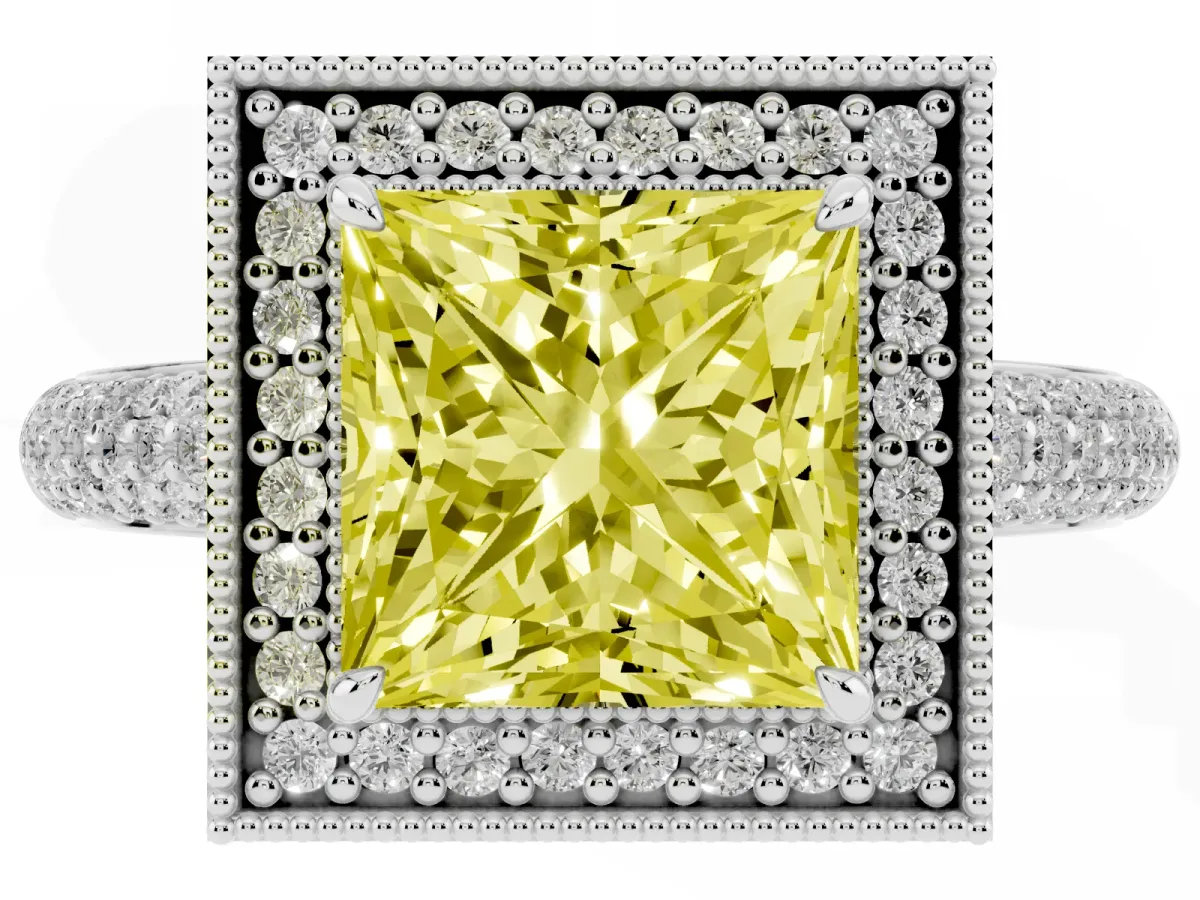 Fancy Yellow Princess Cut Cut Halo Diamond Pave Band with Four-Prong Setting Silver