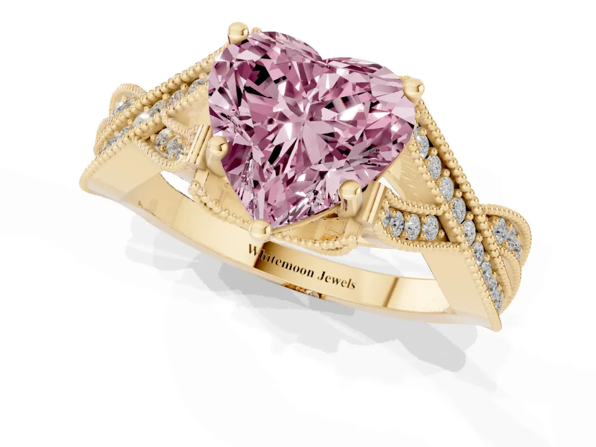 Fancy Pink Heart Cut Cut Diamond Twisted Band with Milgrain Pave Setting and Four-Prong Setting Yellow gold