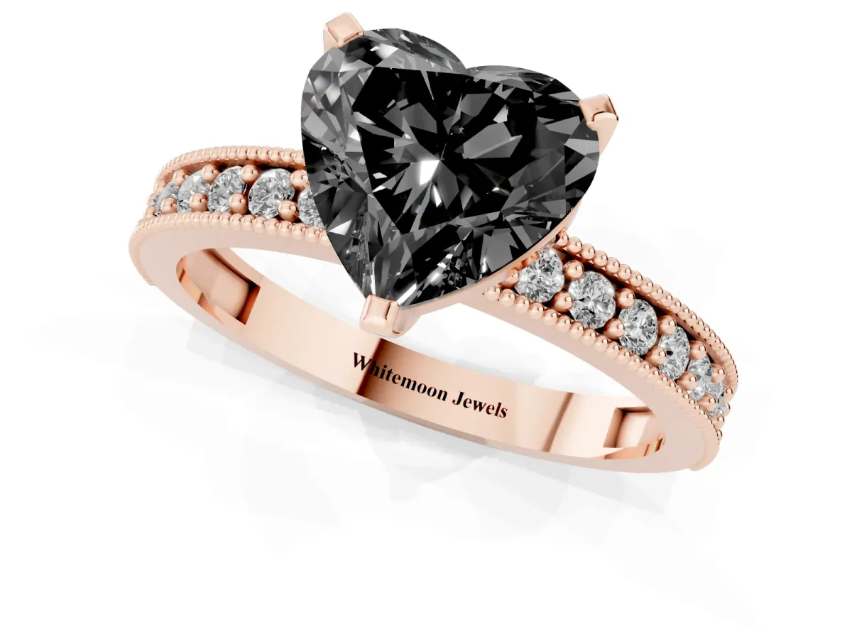 Fancy Black Heart Cut Diamond Milgrain Pavé Engagement Ring with Four-Prong Setting Rose gold