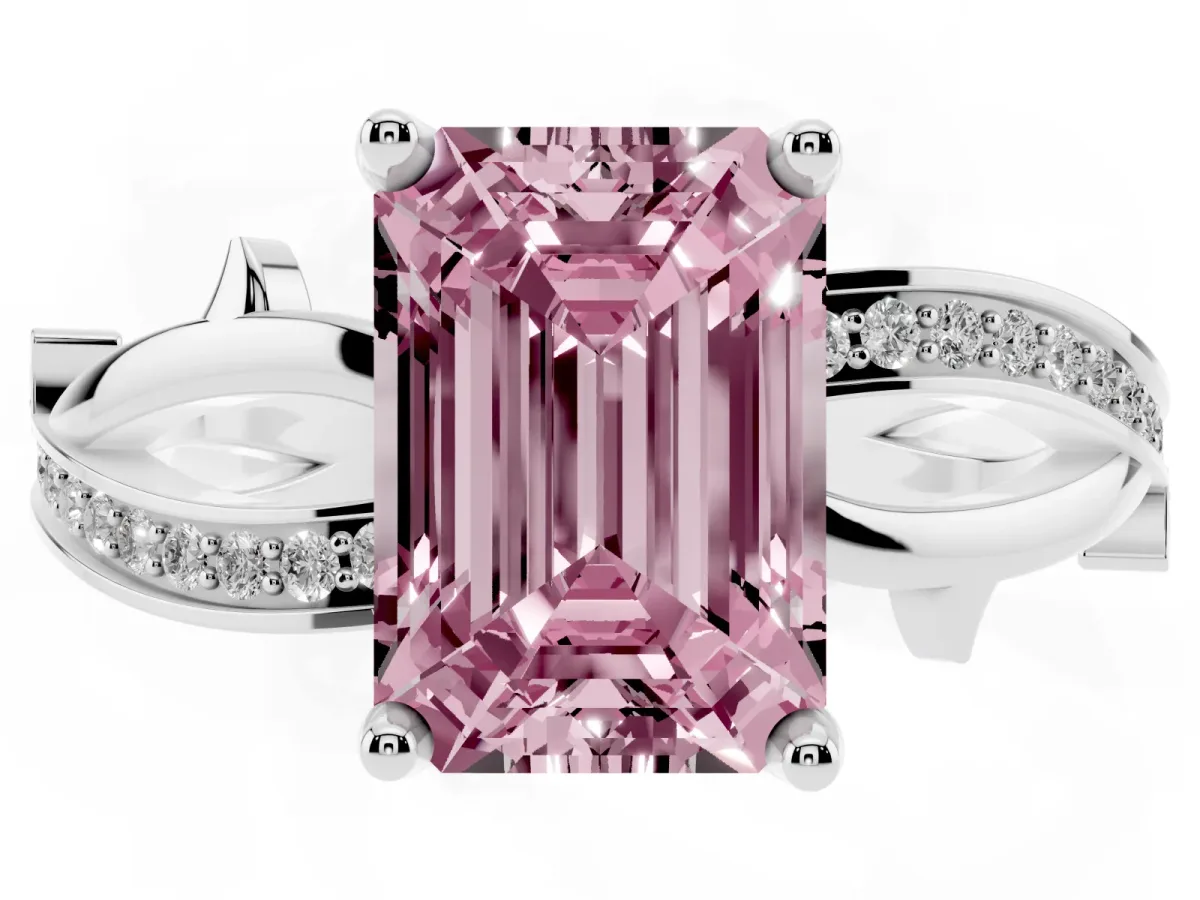Fancy Pink Emerald Cut Solitaire Twist Band with Pavé Accents and Four-Prong Setting Silver