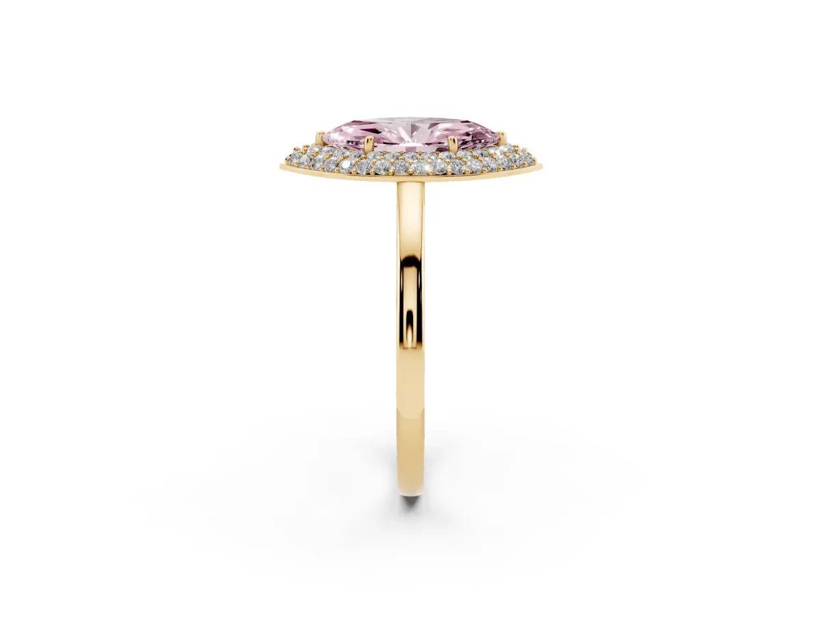 Fancy Pink Marquise Cut Halo Diamond Engagement Ring with Solitaire Band and Four-Prong Setting Yellow gold