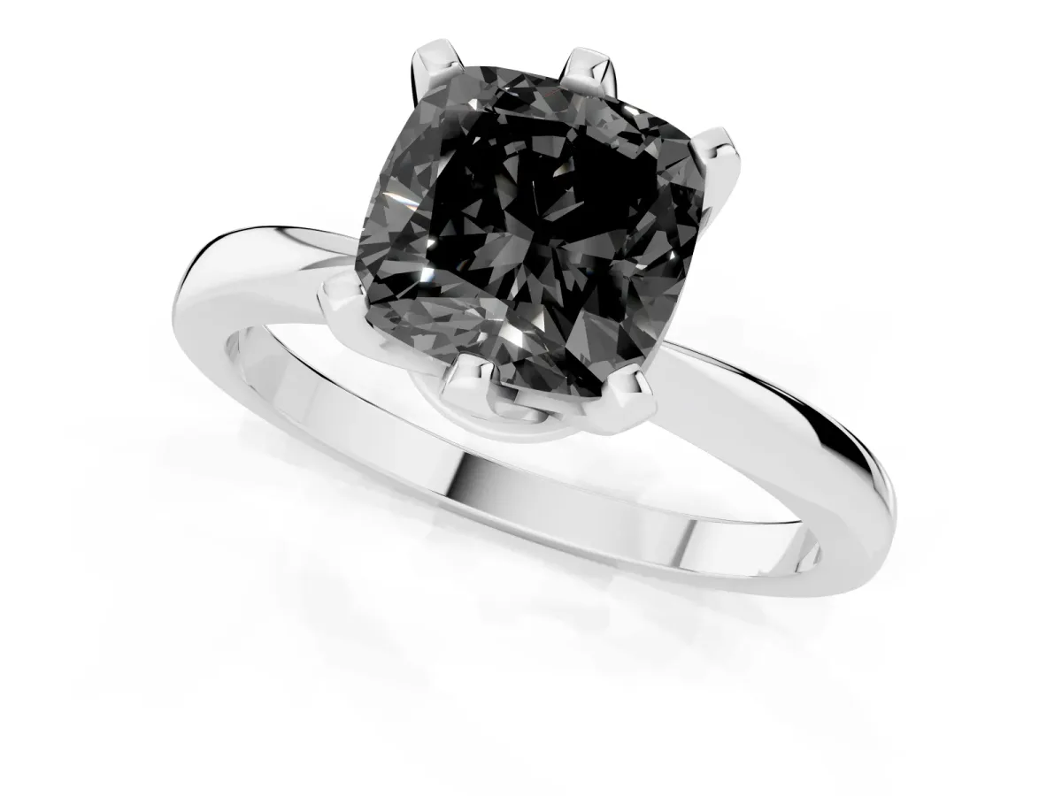 Fancy Black Cushion Cut Solitaire Engagement Ring with Six-Prong Setting and Tapered Band Platinum