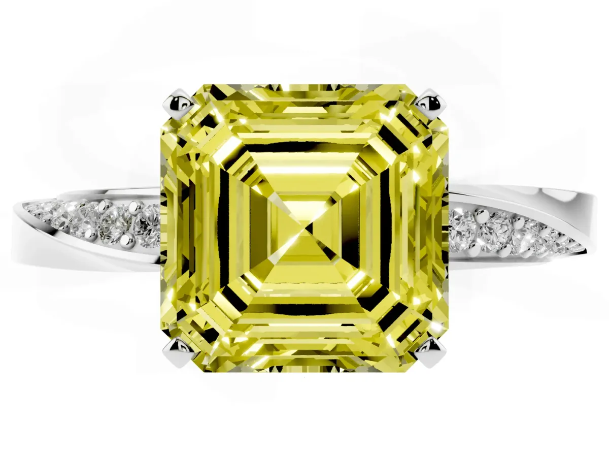 Fancy Yellow Asscher Cut Diamond Engagement Ring with Side Stone Accents and Four-Prong Setting Silver